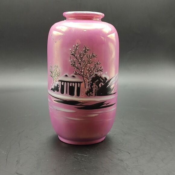 Nippon Hand Painted Pink Lusterware Vase Vintage Winter Scene Stamped - Picture 1 of 7